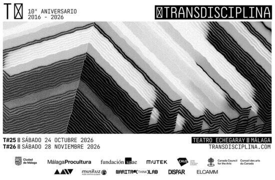 Cartel del décimo aniversario de Transdisciplina con la programación de música experimental y artes digitales en el Teatro Echegaray de Málaga.