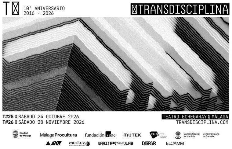 Cartel del décimo aniversario de Transdisciplina con la programación de música experimental y artes digitales en el Teatro Echegaray de Málaga.